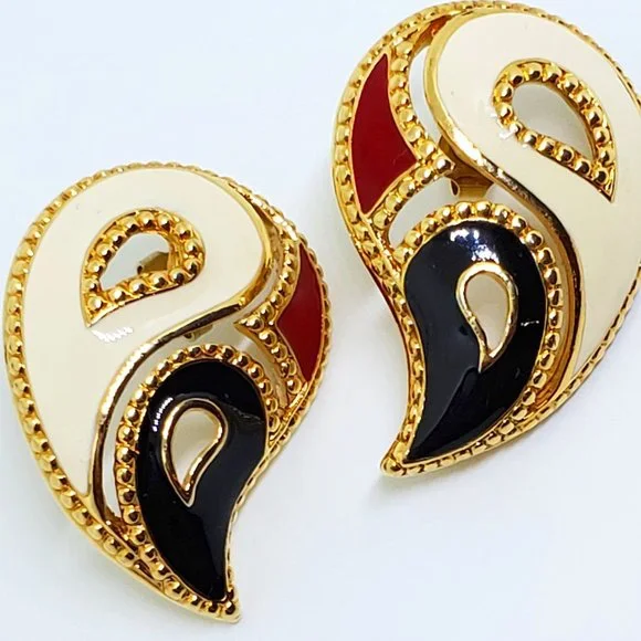 Vintage AVON Contrast Kaleidoscope Red Black Cream Enamel Gold Pierced Earrings - Picture 3 of 10